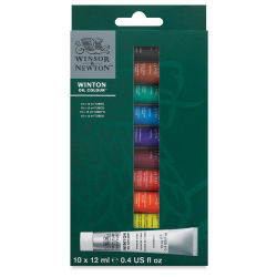 Winsor & Newton Winton Oil Paint- Set of 10, Assorted Colors, 12 ml, Tubes (Front of packaging)