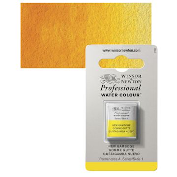 Open in modal - Winsor & Newton Professional Watercolor - New Gamboge, Half Pan and swatch