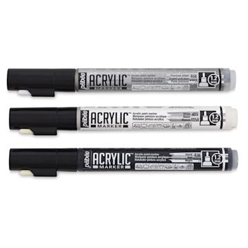 Open in modal - Pebeo Acrylic Markers - Capped Black, White, and Silver markers shown horizontally
