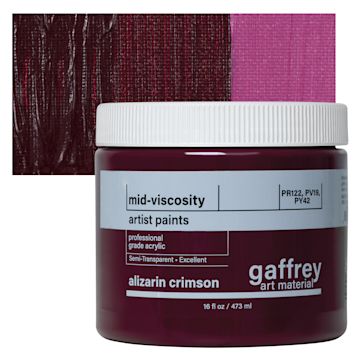 Open in modal - Gaffrey Art Material Standard Body Acrylic Paint - Alizarin Crimson, 473 ml jar and swatch