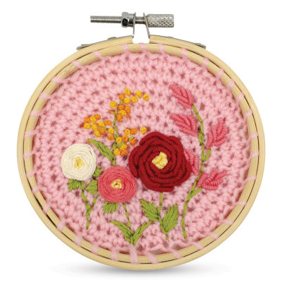 Needle Creations Crochet Hoop Kit - Pink Flowers, sample of the finished work. 