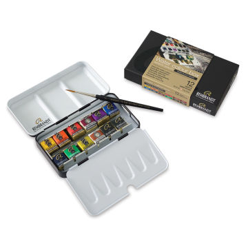 Rembrandt Artists' Half Pan Watercolors - 12 Oxide Black Mixing Set with tin, brush and package