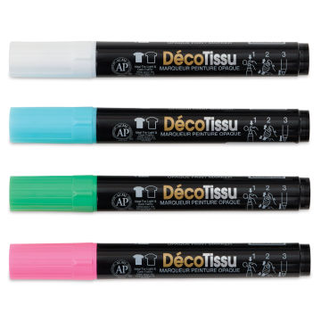 Marvy Uchida DecoFabric Opaque Paint Markers - Fluorescent Colors, Set of 4, laid out with caps on
