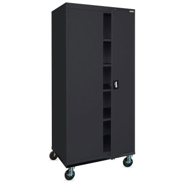Mobile General Storage Cabinet - Angled view of Black Cabinet with 1 door slightly open