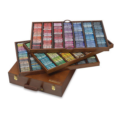 Sennelier Soft Pastels - Set of 525 shown in storage trays with Deluxe Wood Box 