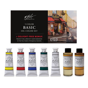 M. Graham Artists' Oil Paints and Sets - components of 5 pc set with 2 free mediums shown with pkg