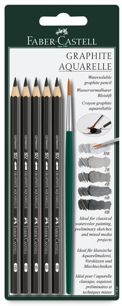 Faber-Castell Graphite Aquarelle Pencil Set - Front of Blister package showing 5 pencils and brush