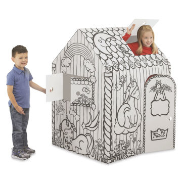 Cardboard Playhouse - 2 Children playing in Unicorn Playhouse