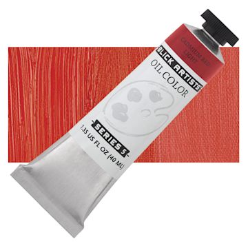 Open in modal - Blick Artists' Oil Paint - Cadmium Red Light, 40 ml tube and swatch