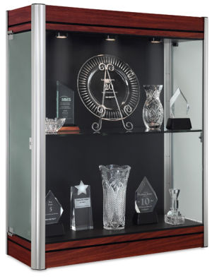Contempo 36" Wall Display Case-side view showing locking door, glass shelf, cherry/satin finish