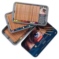 Derwent Lightfast Colored Pencils - Tin Box Set of 100 (front of metal box and set contents)