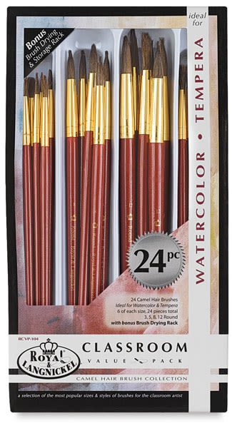 Royal Langnickel Camel Hair Classroom Value Pack - Front of package of 24 pc Round Brushes
