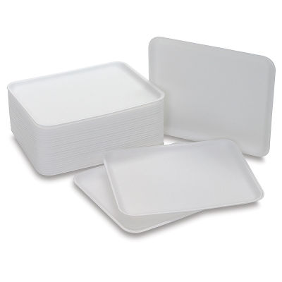 Hygloss Craft Trays - Package of 25 styrofoam trays shown in stack with one standing