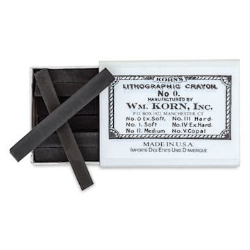 Open in modal - Korn's Lithographic Crayons - Box of 12, #0 Extra Soft - top view with box slid half open