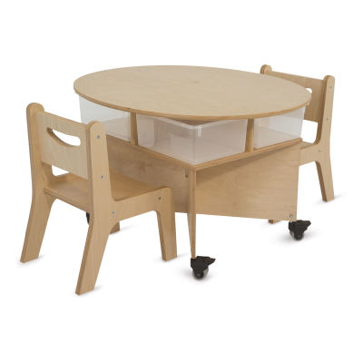 Whitney Brothers Mobile Collaboration Table - angled view showing wheels, shelf with storage bins 