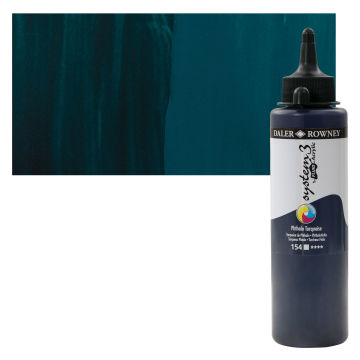 Daler-Rowney System3 Fluid Acrylics - Phthalo Turquoise, 250 ml bottle with swatch