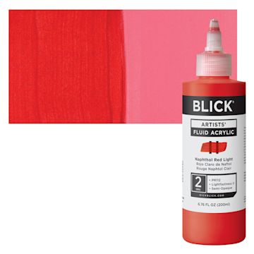 Open in modal - Blick Artists’ Fluid Acrylic - Naphthol Red Light, 200 ml bottle and swatch
