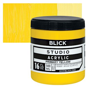 Open in modal - Blick Studio Acrylic Paint - Primary Yellow,  16 oz jar and swatch