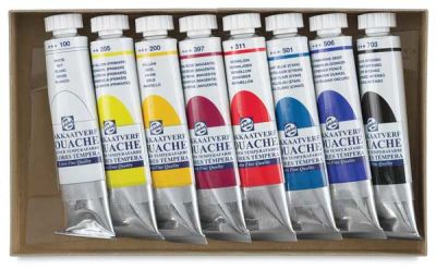 Royal Talens Gouache Set - Top view of 8 pc Set in open package