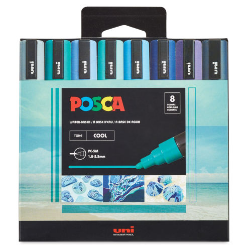 Uni Posca Paint Markers - Cool Tone Colors, Set of 8, Medium Tip, 2.5 mm