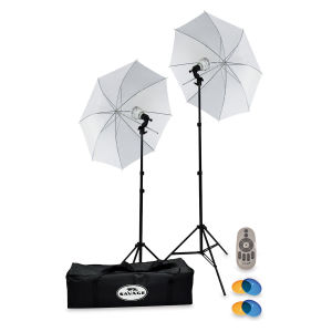 Savage 700 Watt LED Studio Light Kit - Components set up with umbrellas and stands extended