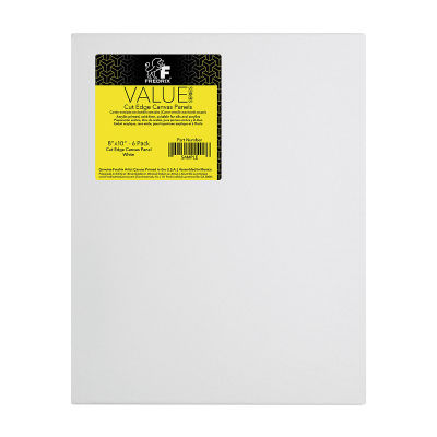Fredrix Value Series Cut Edge Canvas Panels - Front view of pack of 6 White panels showing label

