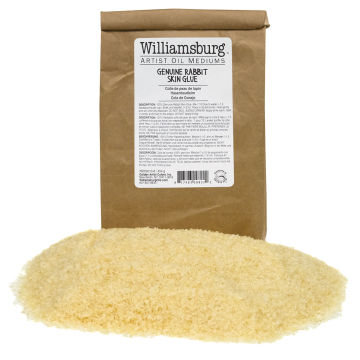 Williamsburg Rabbit Skin Glue - Package shown with pile of glue powder