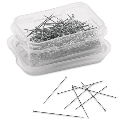 Dritz Super Sharp Fine Pins - Pkg of 250, opened storage box with pins laid out