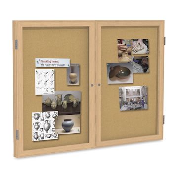 Open in modal - Ghent Natural Cork Bulletin Board - 60" x 36", 2 Door, Oak Frame