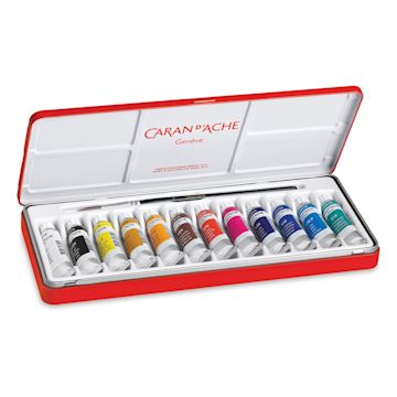 Open in modal - Caran d'Ache Gouache Studio Set - Set of 12 with Brush, 10 ml Tubes, Open view