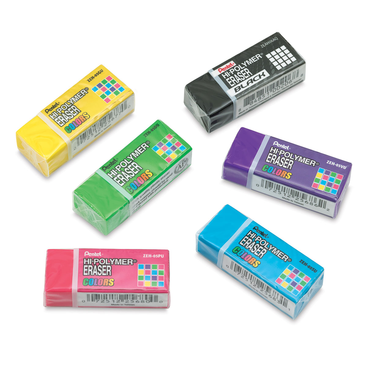 Pentel Hi-Polymer Block Eraser, Assorted, 6-Pack