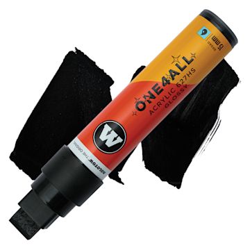 Open in modal - Molotow One4All Acrylic Marker - 15 mm Tip, Black Glossy, Chisel Tip, swatch and marker