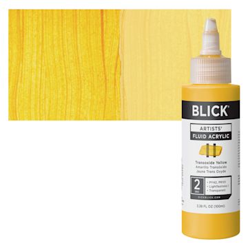 Open in modal - Blick Artists’ Fluid Acrylic - Transoxide Yellow, 100 ml bottle and swatch