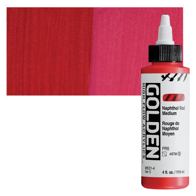 Golden High Flow Acrylics - Naphthol Red Medium, 4 oz bottle with swatch