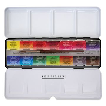 Open in modal - Sennelier French Artists' Watercolors - Set of 14, Metal Case, Full Pans with Precision Brush