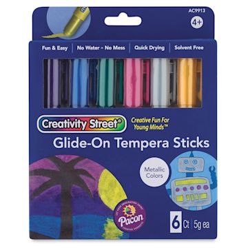 Open in modal - Creativity Street Glide-On Tempera Stick Sets - Front of 6 pc Metallic colors