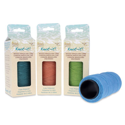 Beadsmith Knot-It Waxed Poly Cord - Front of 3 packages with open Blue Spool