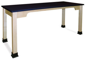 Hann Table-left angle view showing scalloped corners, black plastic top and booted legs
