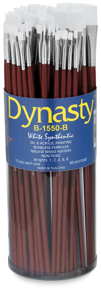 Dynasty Synthetic White Bristle Brush Canister - 60 Brights with long handle shown in open Canister