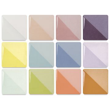 Open in modal - Speedball Ceramic Underglaze - Pastel Bulk Sampler, Set of 12, fired on white clay bisque tiles, half covered in Speedball Clear Glaze, fired to cone 05