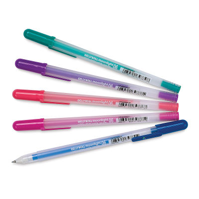 Sakura Gelly Roll Moonlight Pens - Set of 5 Dusk Colors arranged in fan, one uncapped