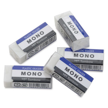Tombow Mono Eraser - Top view of 5 erasers with labels
