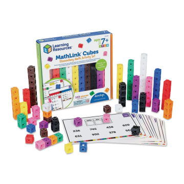MathLink Cubes Activity Set - Elementary Math, contents laid out in front of the packaging. 