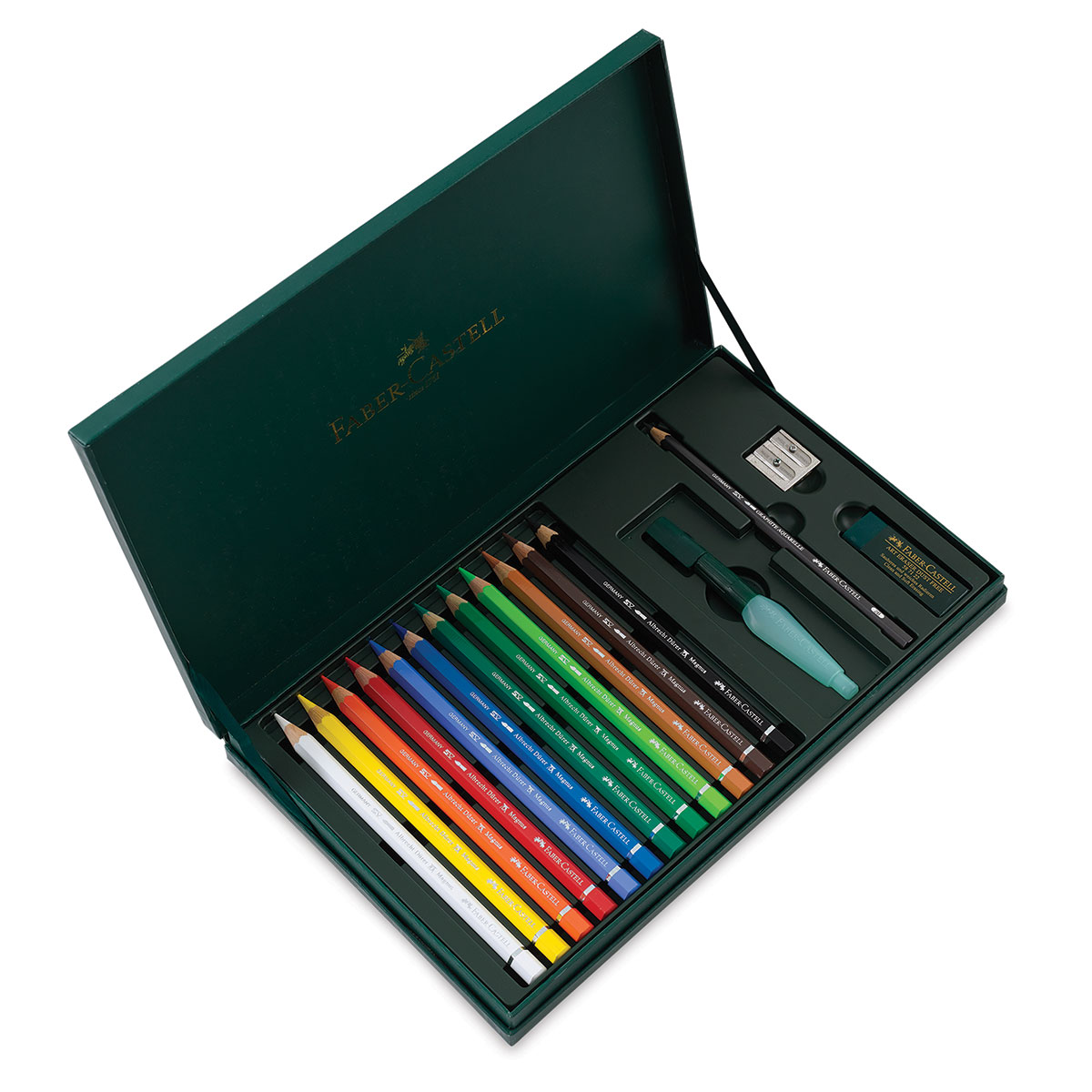Set Of 30 Different Colours in a Wenge Stained Wooden Gift or Collectors Box With 4 Accessories Including 4B Graphite Aquarelle Jumbo Double Sharpener Faber-Castell Albrecht Dürer Magnus Watercolour Pencils Watercolour Brush and Eraser 