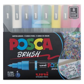 Open in modal - Posca Brush Paint Markers - Set of 8, Assorted Colors, Brush Tip, front of the packaging