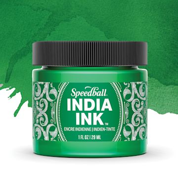 Open in modal - Speedball India Ink - Bright Emerald, 1 oz, jar with swatch