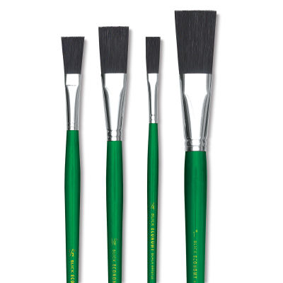 Blick Economy Black Bristle Brushes - Closeup of Extended Brush and Regular Length Brush Set of 4
