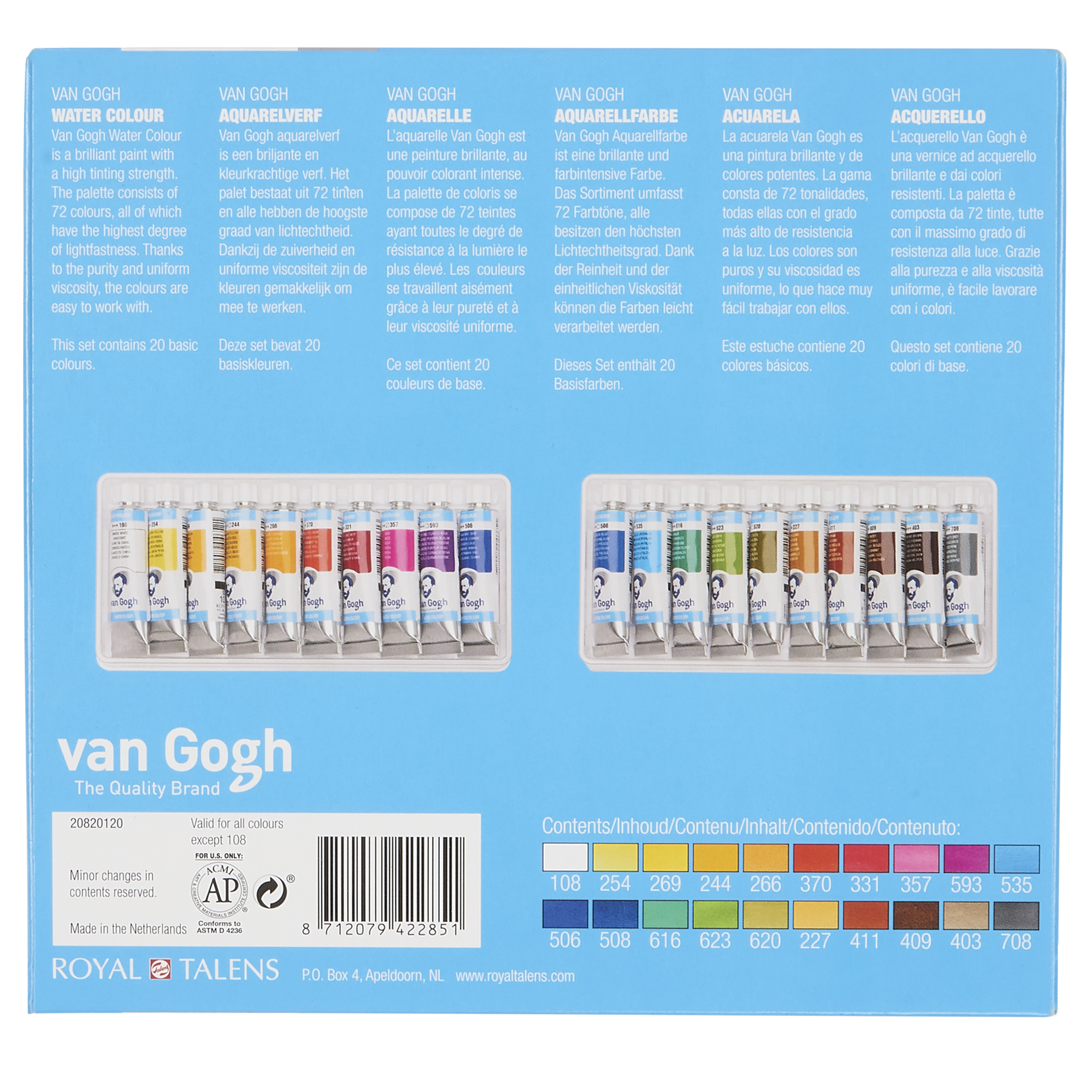 Van Gogh Watercolors Set - Assorted Colors, Set of 20, 10 ml