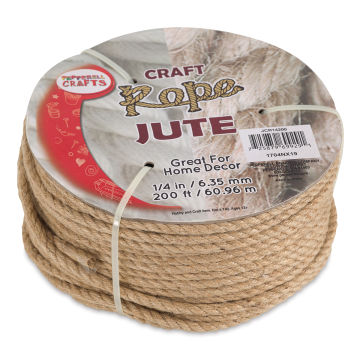 Pepperell Craft Natural Jute Craft Rope - Top angled view of 200 ft coiled Rope with label