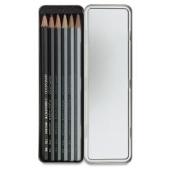 Caran d'Ache Grafwood Pencils and Sets - top view of 6 pc Set shown in opened Storage Tin